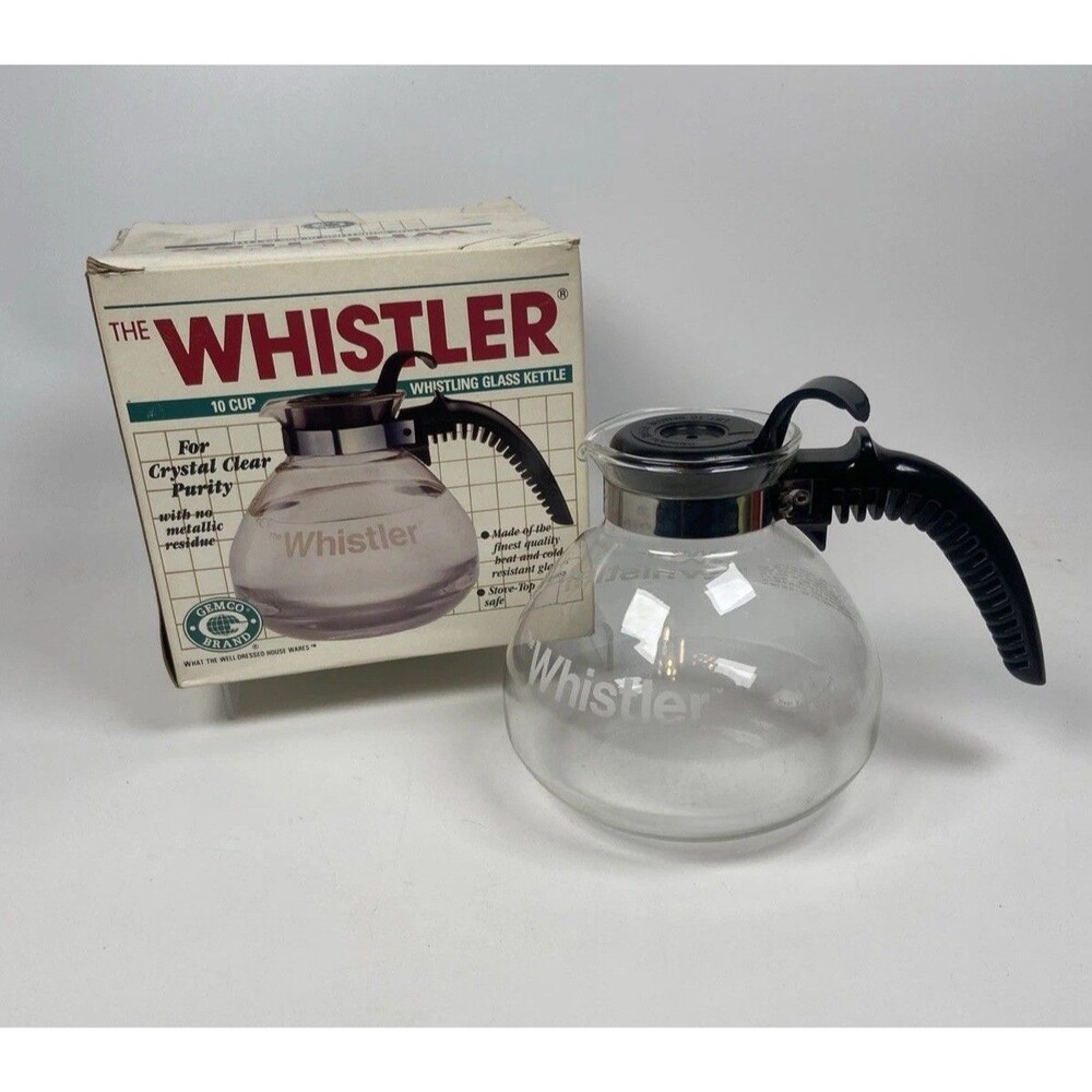 Vintage Gemco The Whistler Glass Coffee Tea Pot  Carafe 10 Cup Black Handle